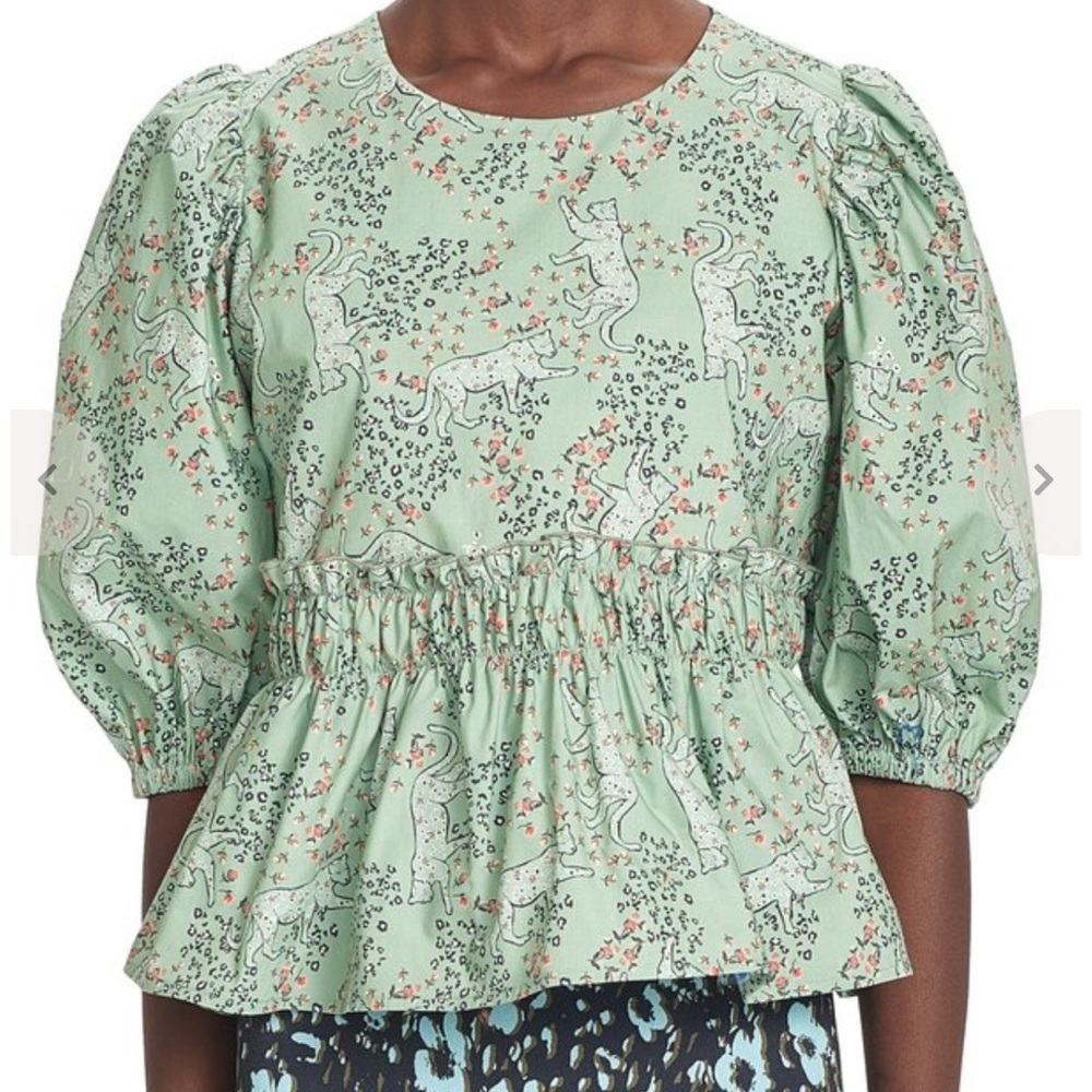 NEW Corey Lynn Calter Peggy Womens Blouse M Teal and Black Patterned
